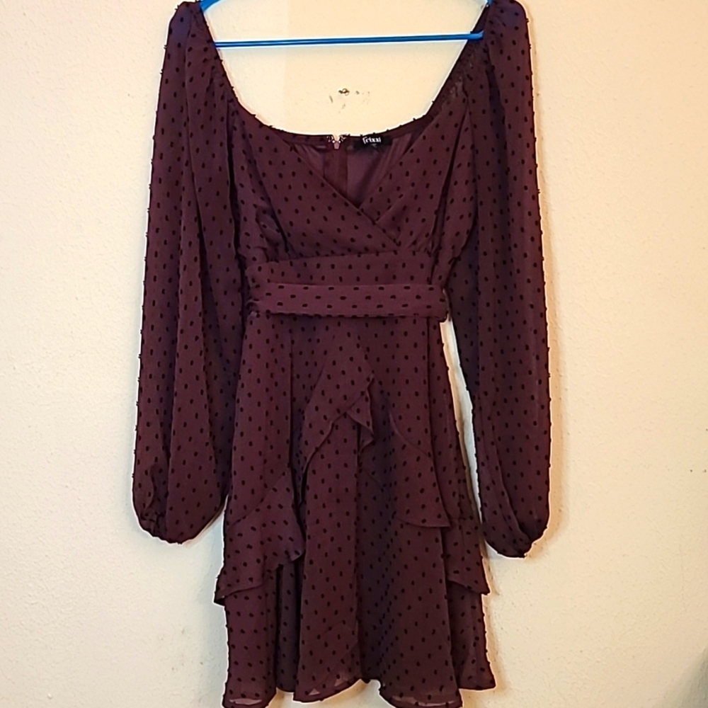 TRIXXI Burgundy/Black Belted Dress Long‎ Sleeve Ruffled Skirt - Size Medium